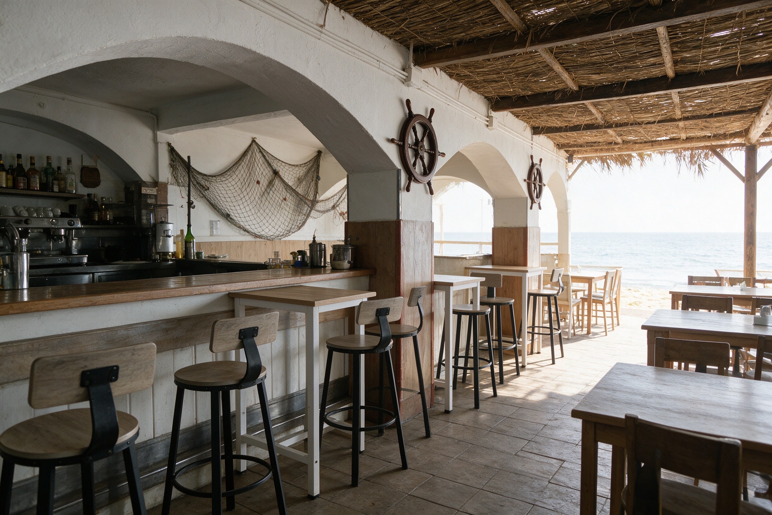 Barra de chiringuito de madera con rueda de barco y redes frente al mar
