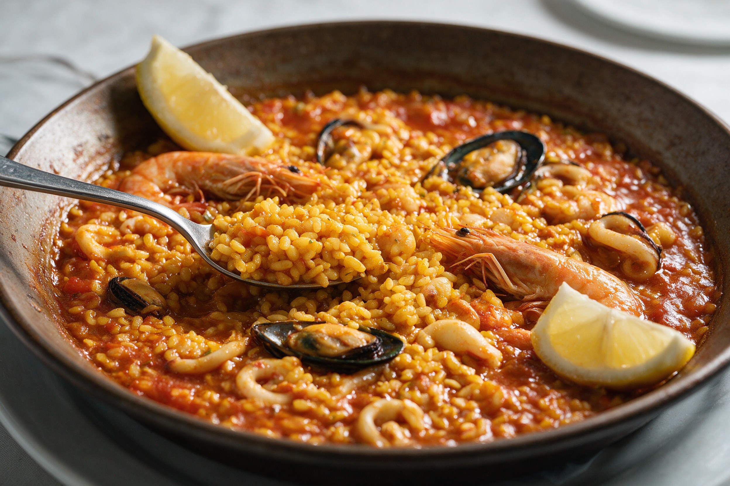 Paella de arroz marinero con gambas, mejillones y calamares con limón