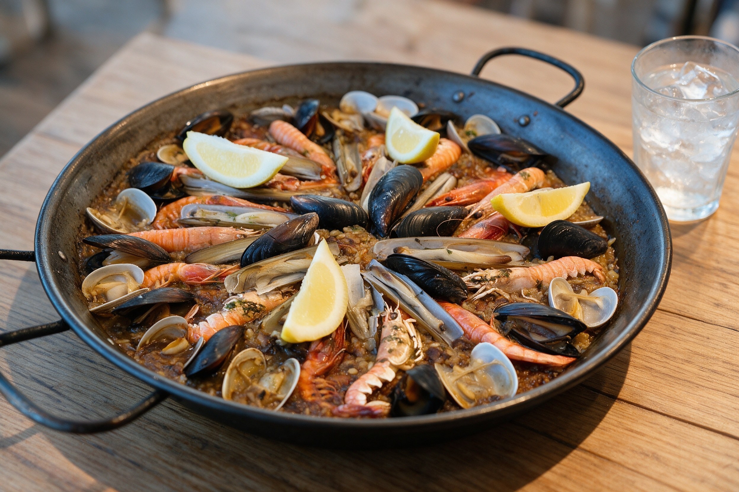 Gran paella negra de mejillones, almejas y gambas con limón y vaso de bebida fría